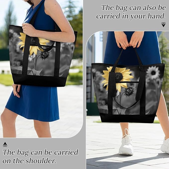 Insulated Shopping BagLarge Reusable Cooler Bags Black And White Sunflowers Printed Foldable Shopping BagTravel Waterproof Shoulder Bag