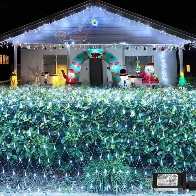 YEGUO Net Lights Outdoor Mesh Lights 12ft x 5ft 360 LED White Bush Light Outdoor Waterproof 8 Modes Connectable Clear Wire Christmas Light Plug in