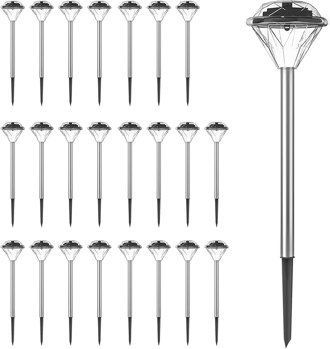 24-Pack LED Solar Outdoor Waterproof Garden Lights - Cold White Solar Pathway - Yard Driveway or Landscape Lighting by Pure Garden (Silver)