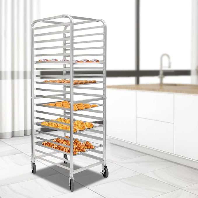 20 Tier Bun Pan Rack Mobile Sheet Pan Racking with Rollers Aluminum Trolley Storage Cooling Rack Heavy-Duty Bun Pan Sheet Shelf for 26 x 18 In