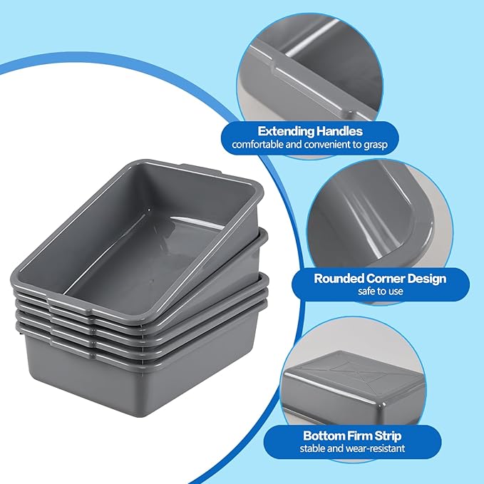 5-Pack 8 L Commercial Bus Box Tub Small Dish Bus Tubs Grey