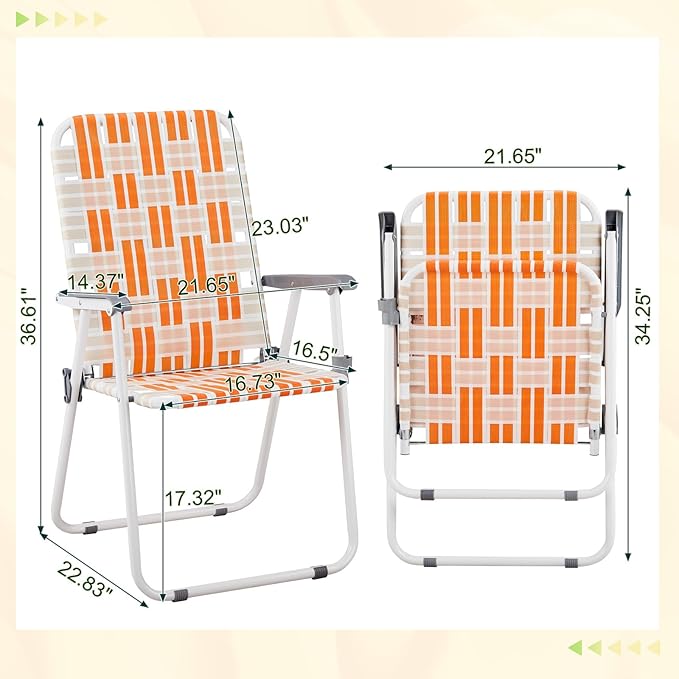 Bonnlo Foldable Patio Chair Set of 2 Heavy-Duty Steel Frame Supports 265 lbs/120 kg Ultra-Lightweight Portable for Travel Poolside Camping Beach (Orange Crisscross Weave)