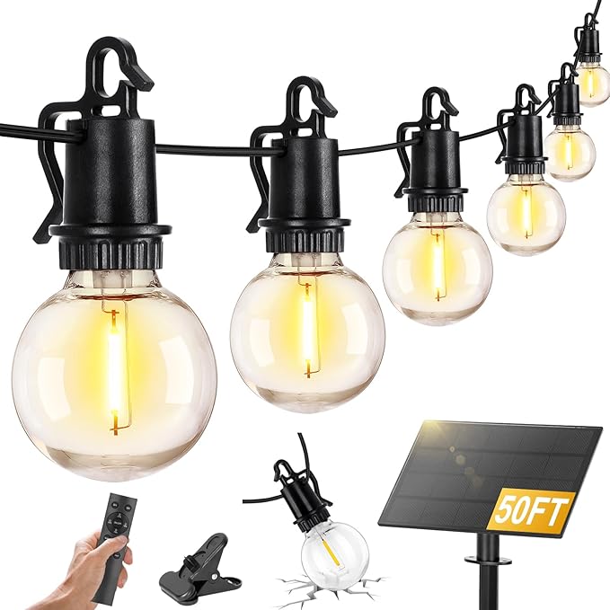 ZJOJO Solar Outdoor String Lights Waterproof 50FT G40 Globe Patio Lights String Lights Solar Powered with 25 Edison Bulbs 2700K Shatterproof Hanging Lights for Porch Backyard Pergola Bistro