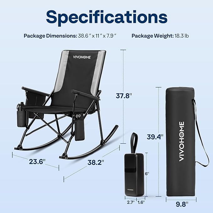 VIVOHOME 45W Padded Heating Rocking Camping Chair with 27000mAh Power Bank Heated Oversized Portable Lawn Chair for Outdoor Sports 3 Levels of Heat Overheat Protection System Black and Gray