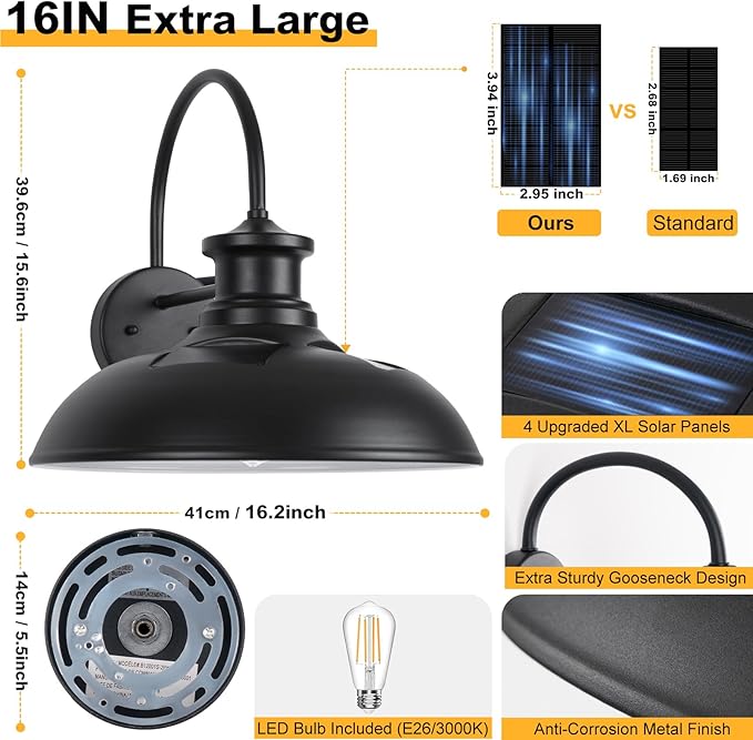 16 Extra Large Solar Barn Light for Outside Dusk to Dawn Gooseneck Farmhouse Barn Lights Waterproof Black Outdoor Wall Light Solar Powered for House Garage Patio 2-Pack