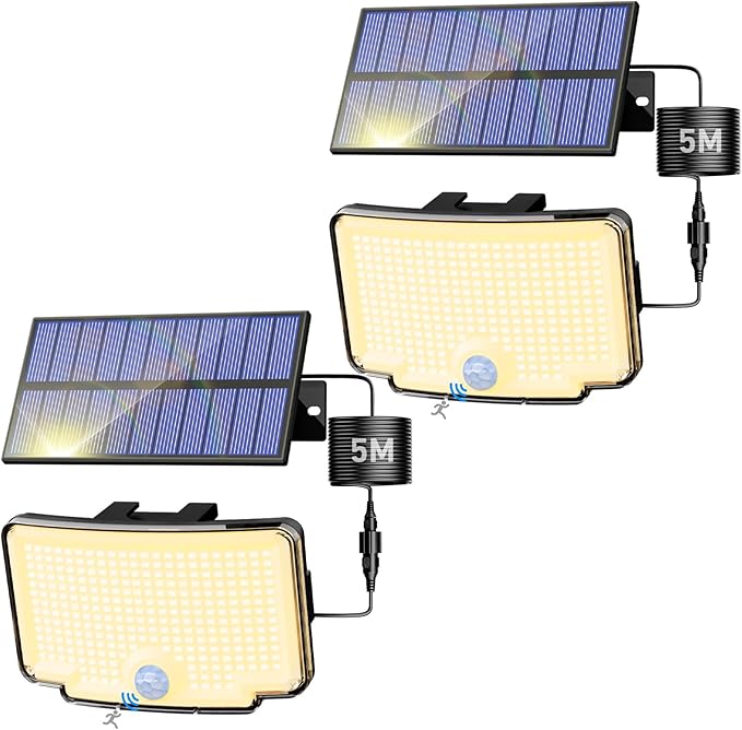 Peasur 2 Pack Solar Motion Lights Outdoor 318 LED Solar Security Light with 3 Modes IP65 Waterproof Powered Flood Lights for Outside Garden Patio Garage Yard Backyard Warm White