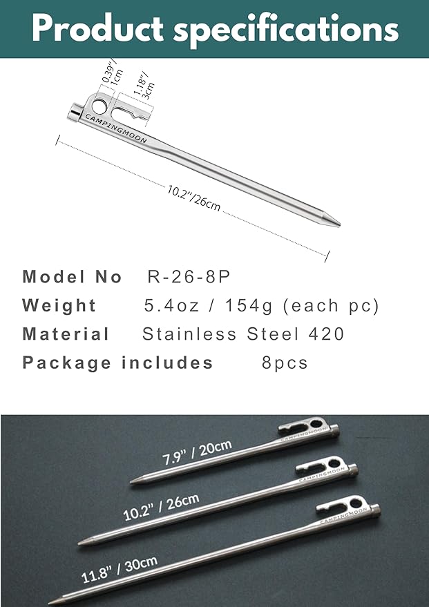 CAMPINGMOON Tent Stakes 10.2-inch 8pcs Martensitic Stainless Steel 420J2 Hardened Forged Power Peg Ideal for Hard Ground R-26-8P