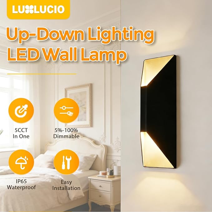 2Pack 13.3 inch Black&ampGold Modern Outdoor LED Up-Down Wall Sconce 5CCT 2700K-5000K Dimmable 12W IP65 Waterproof 120V-277V ETL FCC Certified CRI90+ Porch Light for Garage Patio Door