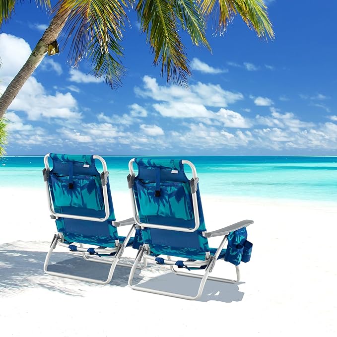Backpack Beach Chair 5 Position Adjustable Camping Chairs with Head Pillow Cooler Bag Towel Bar Cup Holders Portable 2-Pack Folding Beach Chairs for Adults (Without Table Coconut Tree)