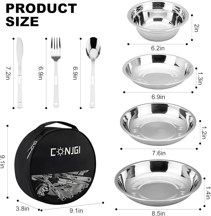 Camping Mess Kits - 28pcs Camping Dinnerware Set Camping Gifts Camping cookware Sets Camping Accessories Camping Cooking Utensils Set Bowls Plates Knives Forks Spoons