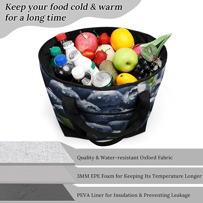 Insulated Shopping BagLarge Reusable Cooler Bags Delicious Blueberry Printed Foldable Shopping BagTravel Waterproof Shoulder Bag