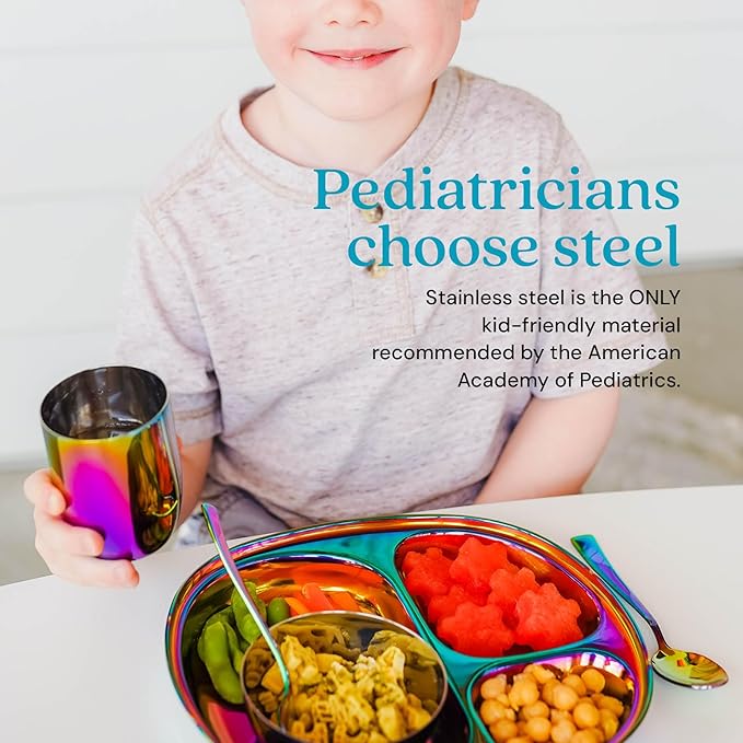 Ahimsa Stainless Steel Kids Dinnerware Set Pediatrician Designed 5 Piece Toddler Plates and Bowls Set Stainless Steel Divided Plate Cup and Kids Utensils Rainbow