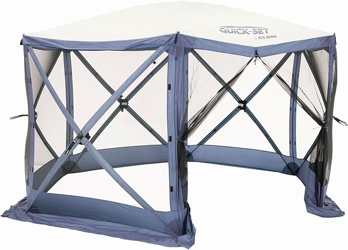 CLAM Escape 11.5' Pop-Up Screen Tent – Blue Outdoor Camping Gazebo Canopy with No-See-Um Mesh Carry Bag &amp Stakes – 6-Sided Portable Shelter for Camping Picnics &amp Events – Fast 45-Second Set