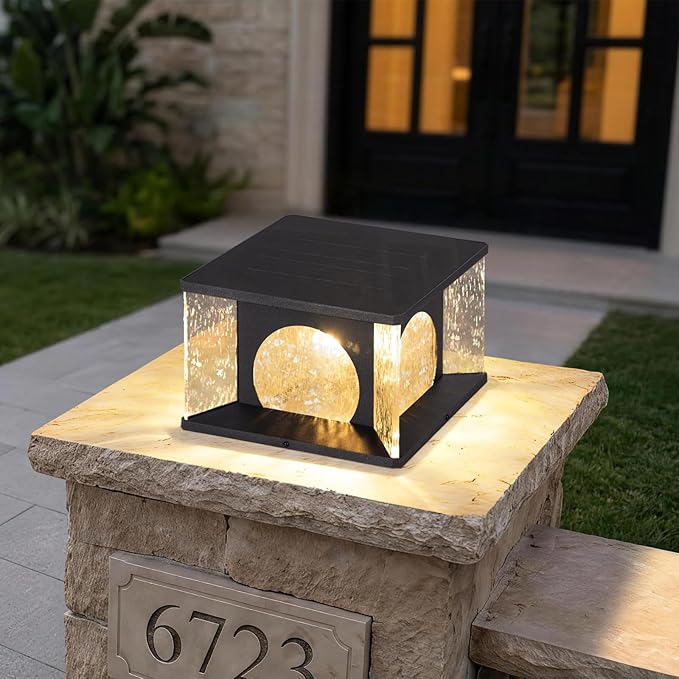 Large Solar Post Lights Outdoor 11.8 Glass Column Lights Outside Post Lights Solar Powered Modern Pillar Light Waterproof Dusk to Dawn Lantern Column Lamp for Patio Gate Driveway Pathway