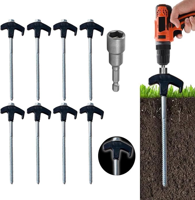 8 Screw in Tent Stakes - Ground Anchors Screw in Screw in Tent Stakes Heavy Duty Tent Pegs Camping Stakes Metal Threaded Tent Spikes Screw Tent Stakes with Hex Sleeves (8Pcs Black)