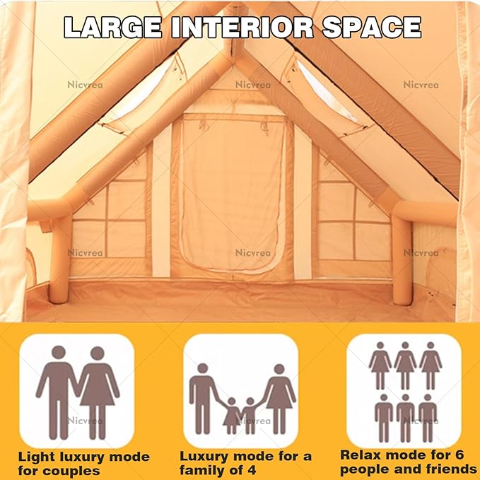 Inflatable Camping Tent with Fireplace Opening and Skylight Outdoor Tent for 2 to 8 People with Air Pump Inflatable Tent in Waterproof Oxford Fabric for 4 Seasons Quick Assembly
