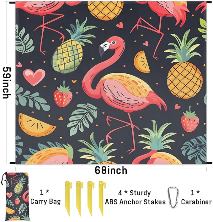 Waterproof Sandproof Beach Blanket 59''×68'' Flamingos Polyester Outdoor Picnic Blanket with 4 Stakes &amp Storage Bag for BeachCampingVacation Pineapple