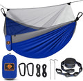 Camping Hammock with NetPortable Lightweight Double Hammocks with Tree Straps and Solid D-Shape CarabinersParachute Nylon Hammock for Backpacking Beach Backyard Patio Hiking Blue&ampGrey