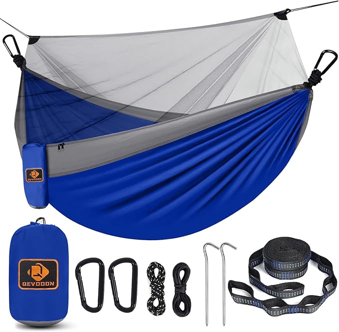 Camping Hammock with NetPortable Lightweight Double Hammocks with Tree Straps and Solid D-Shape CarabinersParachute Nylon Hammock for Backpacking Beach Backyard Patio Hiking Blue&ampGrey