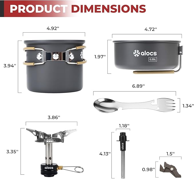 Alocs 9pcs Camping Cookware Kit Non-Stick Lightweight Camping Pots with 3200w Stove Igniter &amp Gas Canister Stand 5-in-1 Utility Spork for Hiking Solo Camping Backpacking Outdoor Cooking Pic