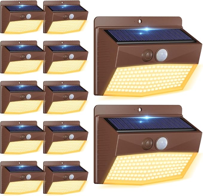 Peasur 12 Packs Solar Outdoor Lights Motion Sensor Solar Security Light Waterproof with 3 Lighting Modes Solar Powered Wall Lights Outside for Garden Fence Yard Brown Warm