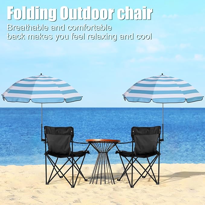1 Set Beach Chair with Umbrella Foldable Camping Chair Fold up Umbrella with Universal Clamp Large Portable for Outdoors Fishing Camping Hiking Travel Picnic Beach(BlackBlueWhiteStriped)