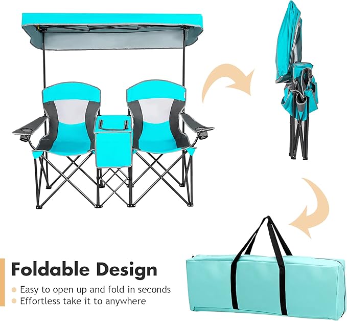 DORTALA Double Camping Chair with Canopy 2 Person Folding Beach Chair with Canopy Shade Table Beverage Holder and Storage Bag Double Rocker Chair Outdoor for Camping Beach Picnic Turquoise