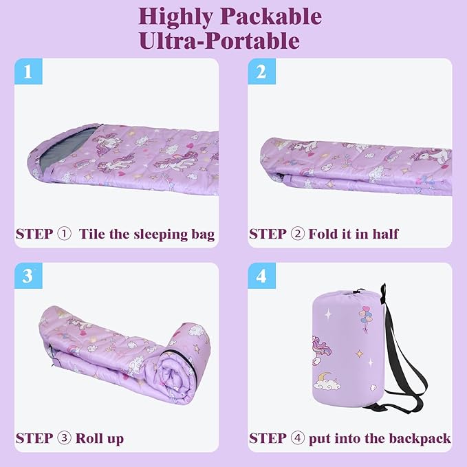 Kids Sleeping Bag for Girls 3 Season Child Sleeping Bag with Backpacking Bag Warm &amp Cool Weather Portable &amp Comfortable Machine Washable