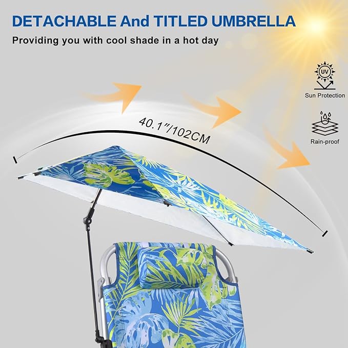 LEMBERI Backpack Beach Chair with Umbrella for Adults1/2 Pack Folding Heavy Duty Camping Chair with Large Pockets and Cup HolderAdjustable high Beach Lounge Chairs with Towel Rack (1 Palm Leaf)