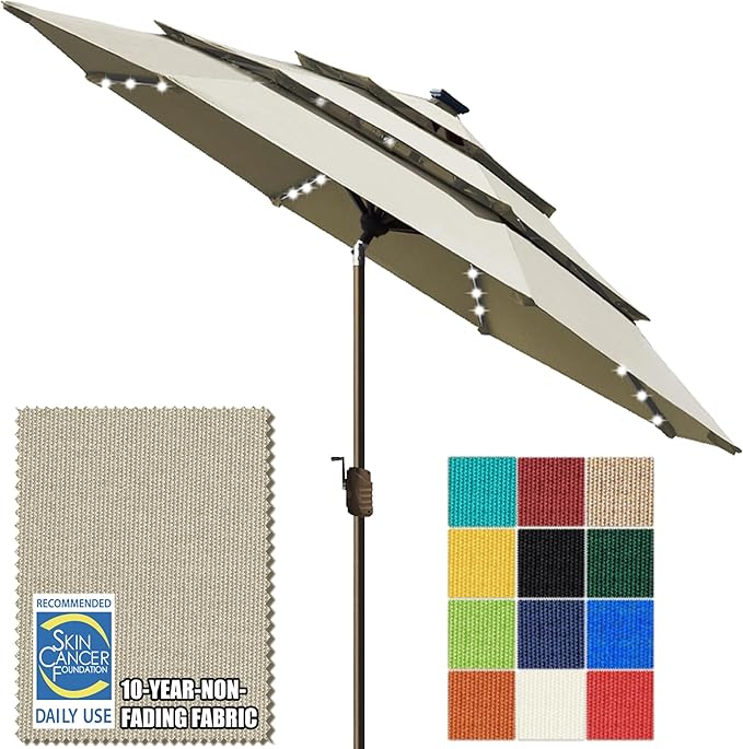 EliteShade USA 10-Year-Non-Fading 10Ft 3 Layers Market Umbrella with 80 LED Lights Patio Umbrella Outdoor Table Umbrella with Ventilation(Beige)