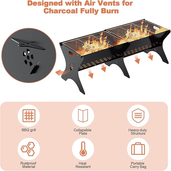 Camping Campfire Grill 2 Packs | Portable Folding Charcoal Grills Backpacking &amp BBQ Grill Heavy Duty Firepit Grate Grill with Carry Bag for Outdoor Cooking Bonfire Patio Backyard-31 Inch