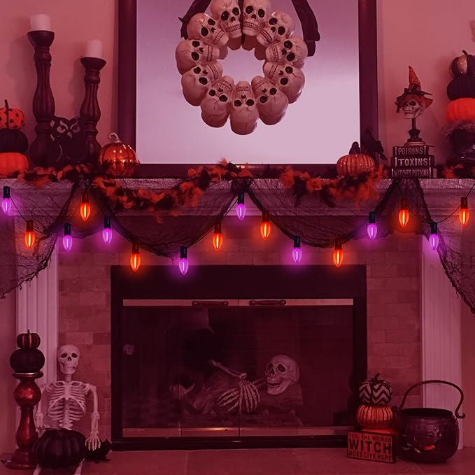 Halloween Pathway Lights Outdoor 19.5Ft Orange Purple Halloween String Lights with 10 C9 LED Bulbs and Stakes Connectable Outdoor Waterproof Marker Stake Lights for Halloweens Path Yard Lawn Garden