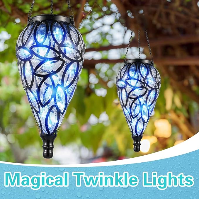 2 Set Solar Hanging Lantern Lights Outdoor Chandelier Moroccan Hanging Solar Light Tear-Shaped 15 LEDs Cool White with S Hooks for Summer Garden Yard Pathway Landscape Porch Decor(Transparent)
