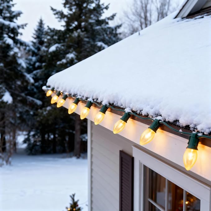 25 FT C9 Frosted Christmas LightsWarm White Outdoor Light with 26 Bulbs(1 Spare) C9/ E17 BaseOld Fashioned Christmas Lights for Roofline Yard Garden Wedding Decorations