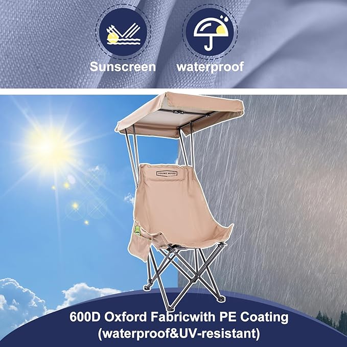 YOUNG WOOD Camping Chair with Canopy Beach Chair with Shade Portable Fold Lightweight Oversized Suit for All Easy to Open Without Installation Side Pocket Design for All Outdoor ActivitiesKhaki