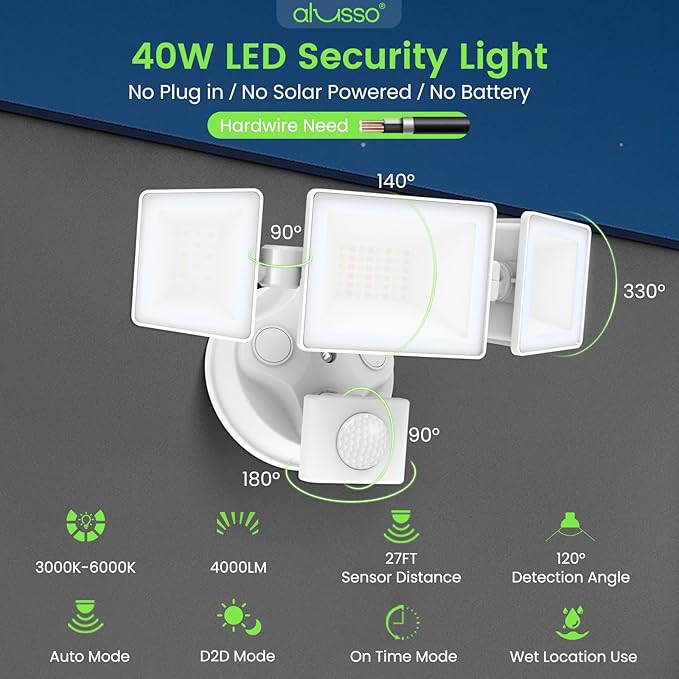ALUSSO LED Security Lights Motion Sensor120V 36W 3000LM Flood Lights Outdoor Motion Sensor with Remote Dimmable Brightness 3000K-6000K IP65 3 Heads Outdoor Security Light for Garage YardWhite