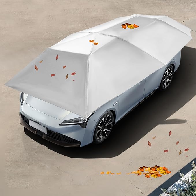 13.78x7.2ft Car Canopy Umbrella Car Sun Shade Umbrella Cover Tent with Wind-Proof Ropes Portable Folding Roof Tent for Cars Protection (Silver Grey)