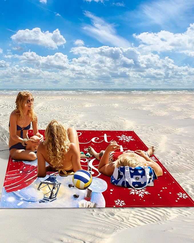 Beach Blanket Waterproof Sandproof Christmas Snowman with Red Bird Quick Drying Beach Mat with 4 Stakes Winter Snowflake on Red Lightweight Picnic Blanket for Travel Camping Outdoor 83x79