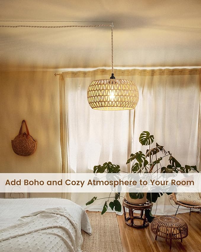 Rattan Boho Hanging Light12.6'' Natural Hand Woven Fabric Drum LightPlug Into Wall Outlet Pendant Light Fixture On/Off Switch for DiningLiving RoomBedroomKitchenHallway Entryway Without Bulb