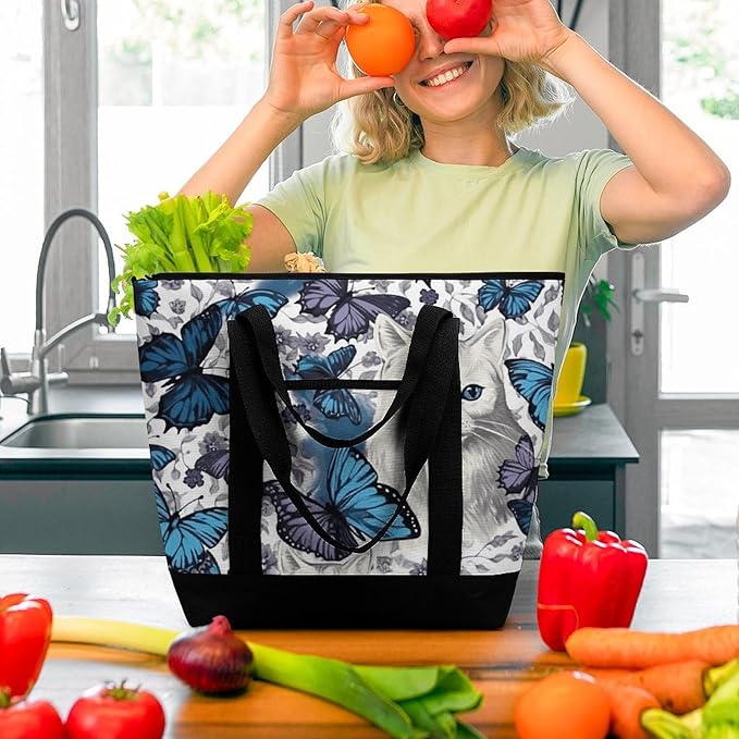 Insulated Shopping BagLarge Reusable Cooler Bags Blue Butterfly And White Cat Printed Foldable Shopping BagTravel Waterproof Shoulder Bag