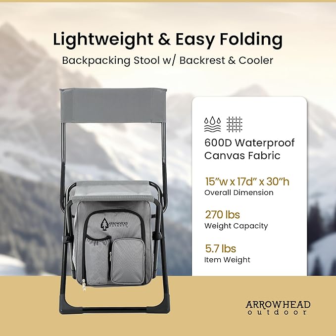 ARROWHEAD OUTDOOR Multi-Function 3-in-1 Compact Fishing Chair: Backpack Stool &amp Insulated Cooler w/Bottle Holder &amp Storage Bag External Pockets Backrest Camp Hiking Heavy-Duty USA-Base