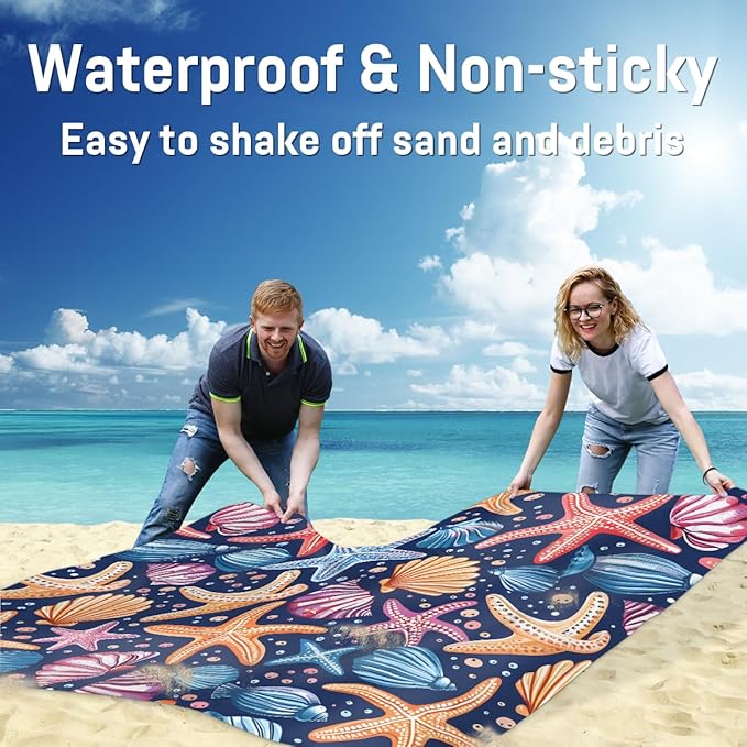 Waterproof Sandproof Beach Blanket 59''×68'' Vintage Ocean Polyester Outdoor Picnic Blanket with 4 Stakes &amp Storage Bag for BeachCampingVacation Blue