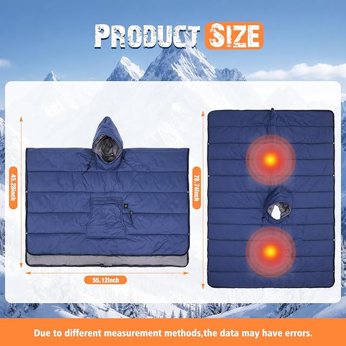 Preboun Heated Blanket Battery Operated 3-temp Thermal Poncho Sleeping Bag Winter Wearable Hooded Water Resistant Cloak Cape with Portable Sack for Men Women Outdoor Sport Backpacking Hiking Hunting