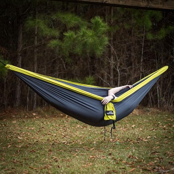 Castaway Travel Hammocks Double Lime/Charcoal Camping Hammock with 2 Tree Straps Triple Stitched Durable Nylon Material Compact Design for Backpacking Travel Beach Backyard Patio Hiking &amp M