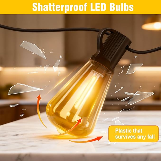 Solar String Lights Outdoor Waterproof Lights with Remote &amp Timer LED Shatterproof ST38 Bulbs USB &amp Solar Powered Patio Lights for Backyard Porch Garden Wedding Christmas Decor (50FT)