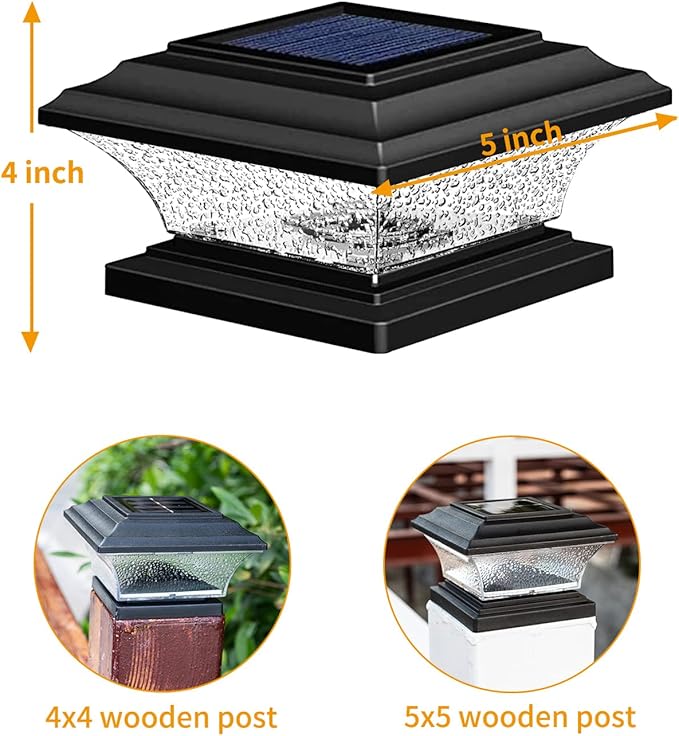 HUYIENO Solar Post Cap Lights - Outdoor LED Deck Fence Cap Light 9 Light Modes Bright White/7 Color Fixed &amp Cycling Modes Suitable for 4x4 &amp 5x5 Wooden Posts Black 4pk