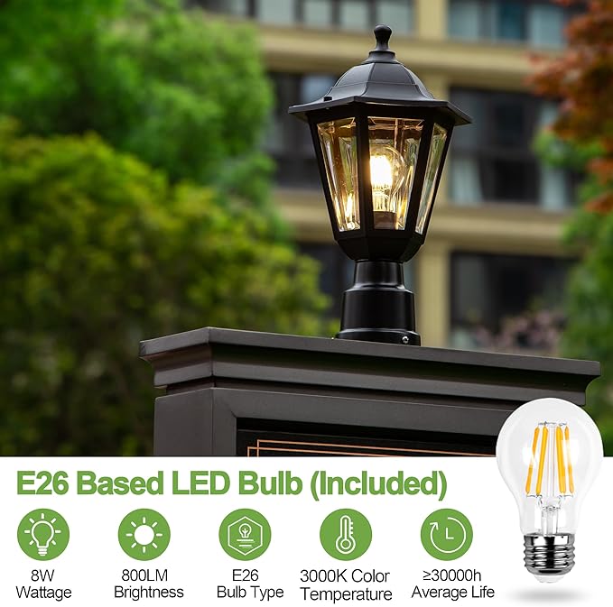 FUDESY Outdoor Post Light Exterior Lamp Post Light Fixture with Pier Mount Base Waterproof Pole Lantern Lighting with E26 Socket Matte Black Plastic Lamp for Garden Patio Pathway(Bulb Included)
