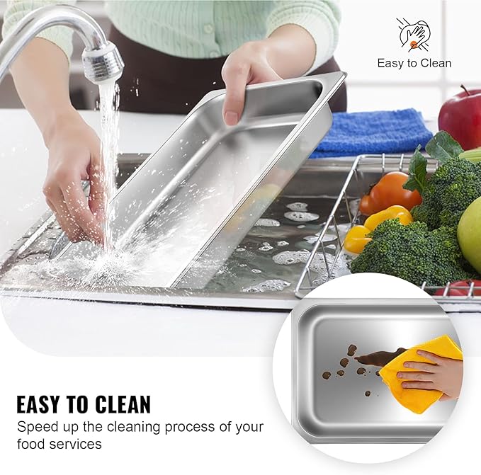 VEVOR Hotel Pans Full Size 2.5 Inch Deep Steam Table Pans 6 Pack0.8mm Thick Stainless Steel Hotel Pan Anti Jam Steam Table Pan for Home Party Restaurant Hotel Buffet