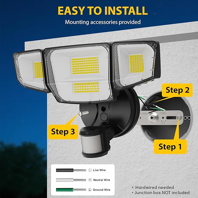 90W 10000LM LED Security Lights Motion Sensor Outdoor Lights 4 Head Dusk to Dawn 6500K Daylight Flood Lights Outdoor Motion Sensor IP65 Waterproof Motion Light for Outside Garage Yard Porch