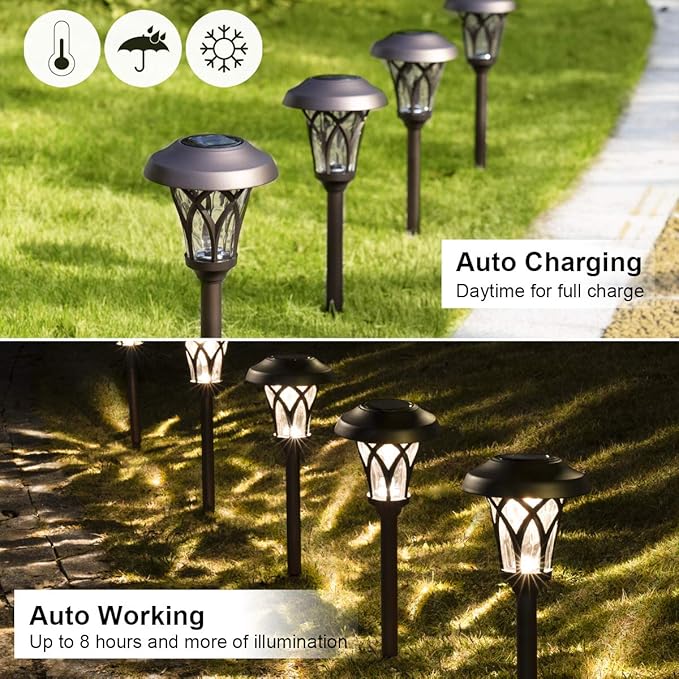 GIGALUMI 6 Pack Solar Pathway Lights Outdoor Metal Glass &amp ABS Solar Landscape Lights Waterproof IP65 Warm White Solar Powered Garden Lights for Yard Patio Walkway Driveway (Brown)